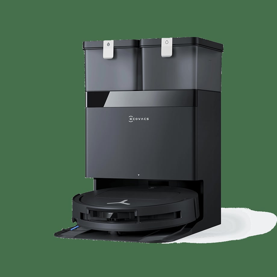 Ecovacs Deebot T50 Omni Gen3, robot aspirateur laveur noir et sa station OMNI
